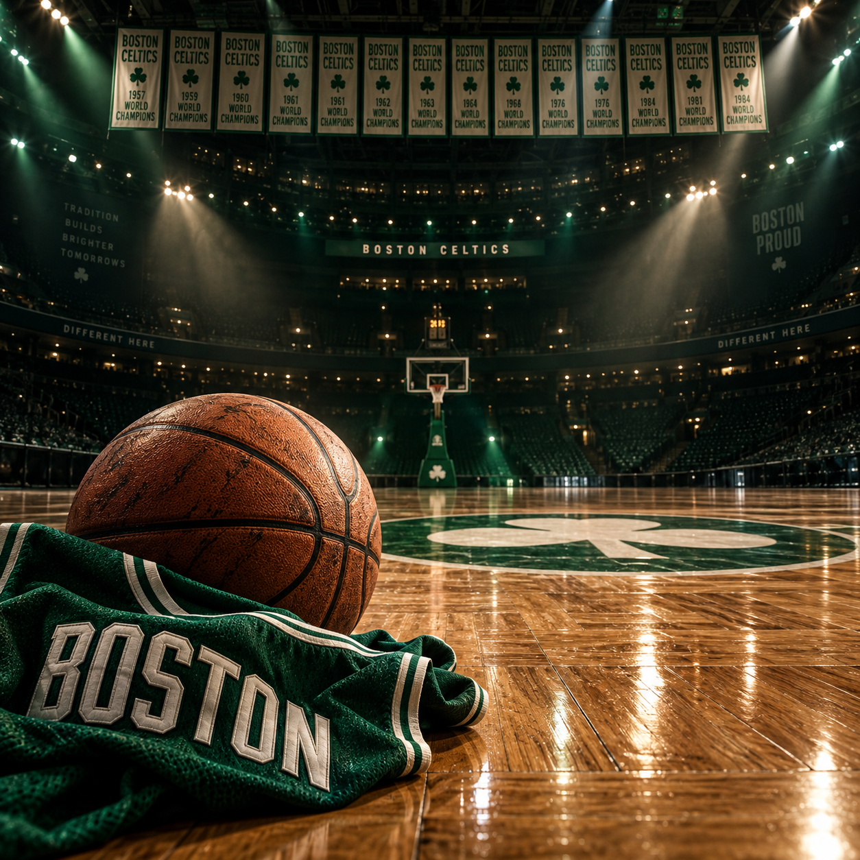 Un pallone e la maglia Boston sul parquet, sotto i riflettori biancoverdi di un’arena da sogno.